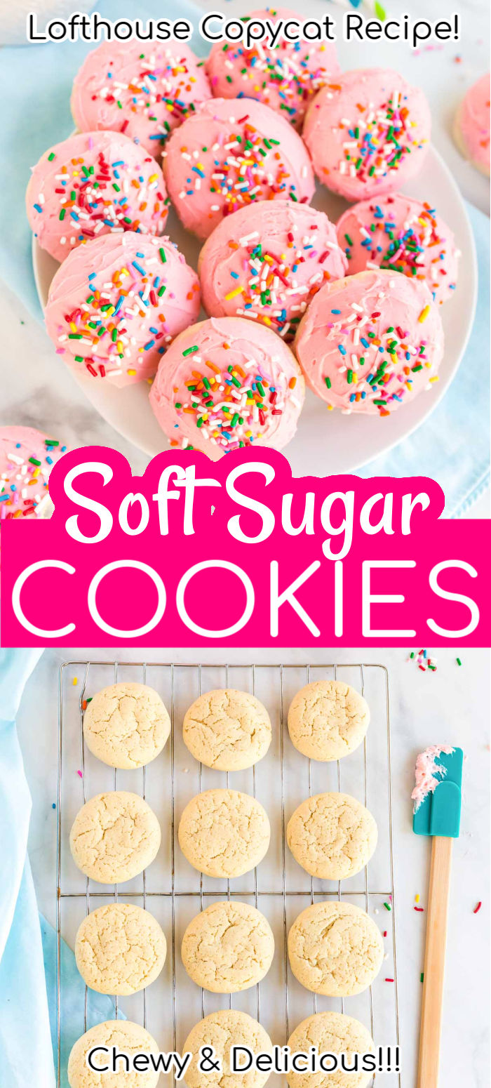 These Soft Sugar Cookies have an irresistible texture that’s both cakey and moist! Topped with creamy pink frosting and sprinkles, they’re like a love child between vanilla cupcakes and sugar cookies!  via @sugarandsoulco