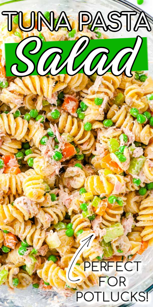 Tuna Pasta Salad is a tasty side dish for summer! Rotini, veggies, and tuna are tossed in a creamy homemade dressing made of mayo, sour cream, and spices! You can serve it chilled which means you can make in a couple of days in advance, so it’s perfect for summer potlucks! via @sugarandsoulco