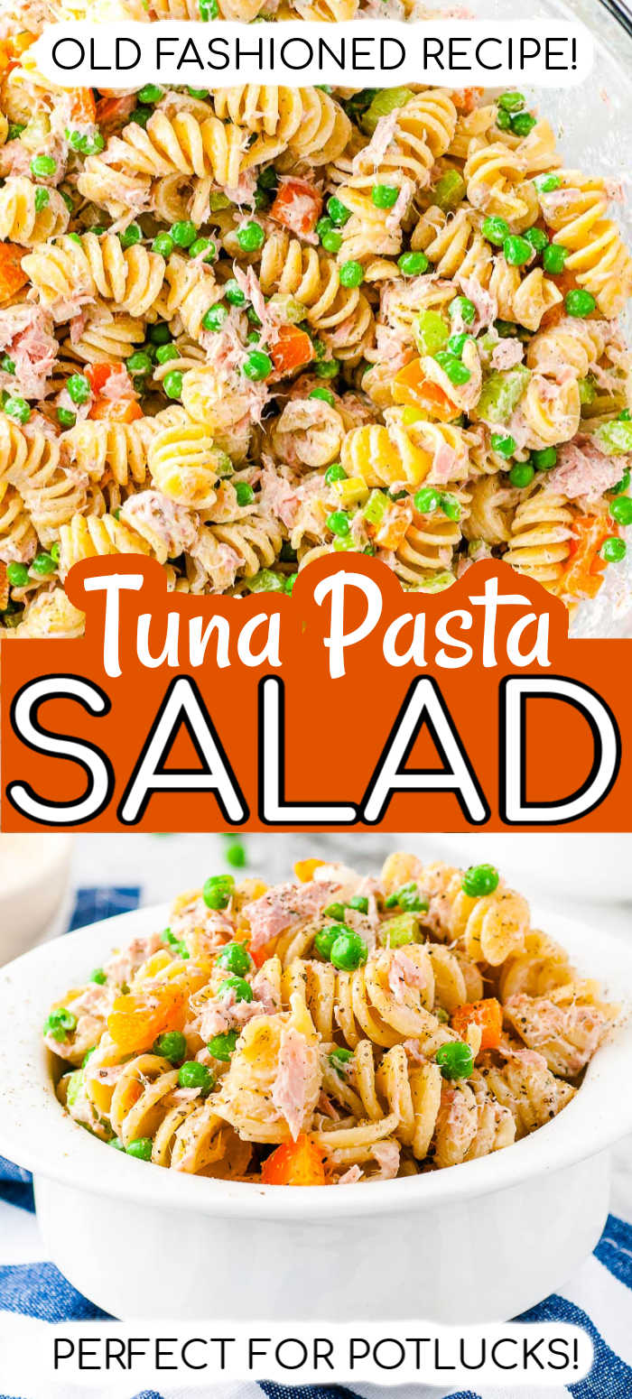 Tuna Pasta Salad is a tasty side dish for summer! Rotini, veggies, and tuna are tossed in a creamy homemade dressing made of mayo, sour cream, and spices! You can serve it chilled which means you can make in a couple of days in advance, so it’s perfect for summer potlucks! via @sugarandsoulco
