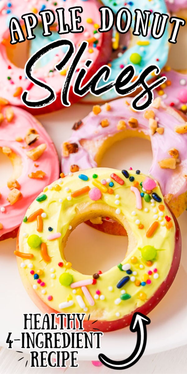 Apple Donut Slices are round slices of apple covered in a maple cream cheese yogurt frosting and yummy toppings! They’re a light summer snack that’s fun to make ... and much healthier than your average donut!  via @sugarandsoulco