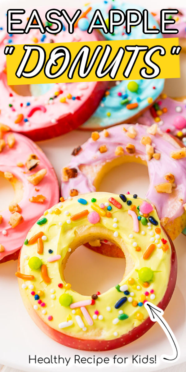 Apple Donut Slices are round slices of apple covered in a maple cream cheese yogurt frosting and yummy toppings! They’re a light summer snack that’s fun to make ... and much healthier than your average donut!  via @sugarandsoulco