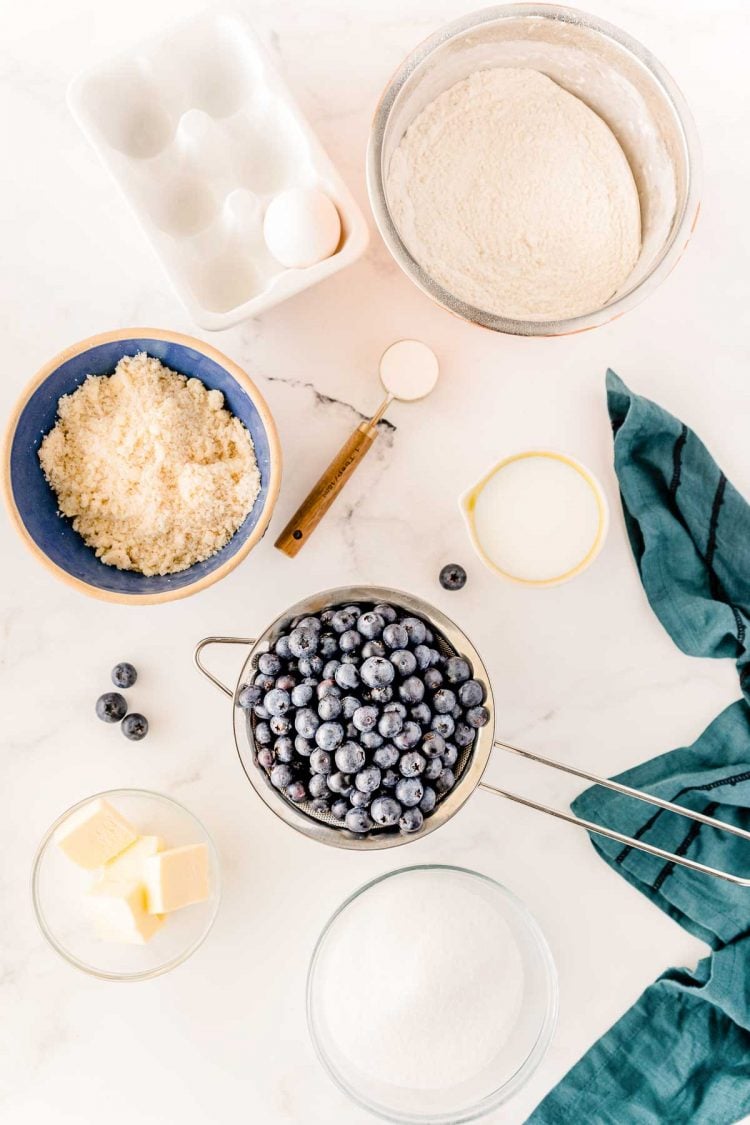 Overhead photo of ingredients prepped to make a blueberry buckle.