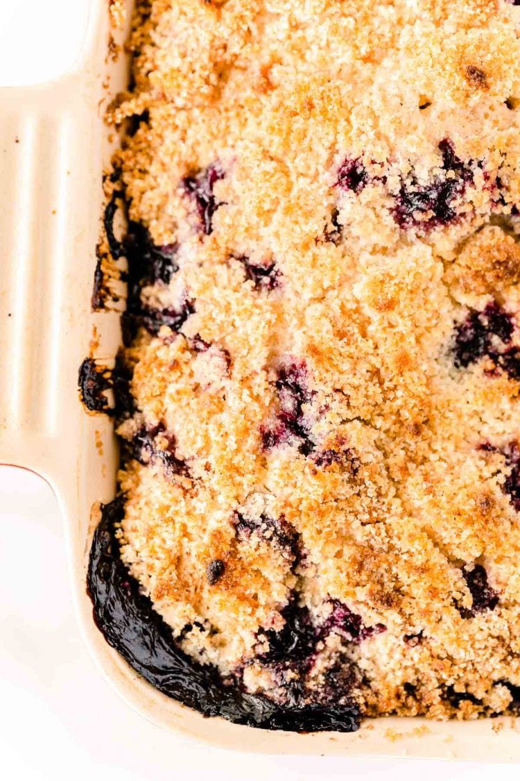 Overhead photo of a blueberry buckle in a baking dish.