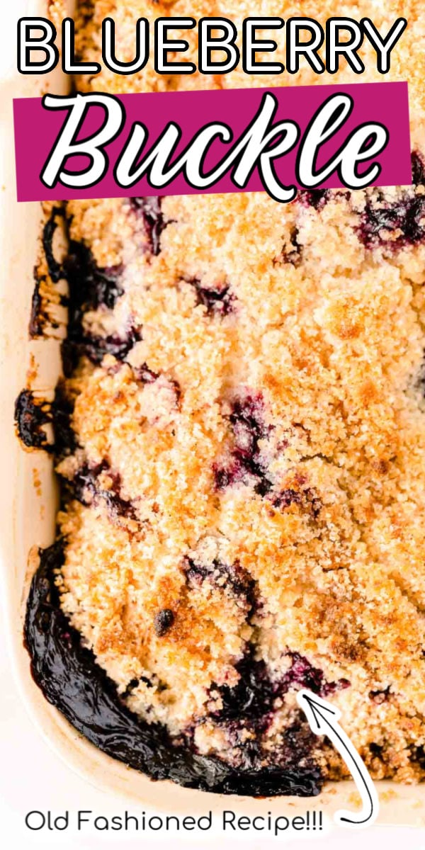 This Blueberry Buckle Recipe is the perfect way to enjoy seasonal berries. This moist blueberry cake is topped with a sugary, buttery crumble that “buckles” as it bakes! via @sugarandsoulco