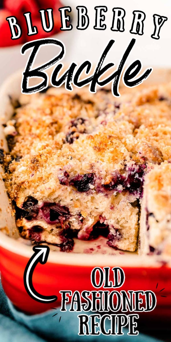 This Blueberry Buckle Recipe is the perfect way to enjoy seasonal berries. This moist blueberry cake is topped with a sugary, buttery crumble that “buckles” as it bakes! via @sugarandsoulco