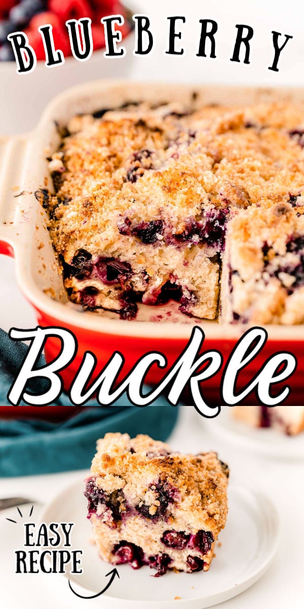 This Blueberry Buckle Recipe is the perfect way to enjoy seasonal berries. This moist blueberry cake is topped with a sugary, buttery crumble that “buckles” as it bakes! via @sugarandsoulco