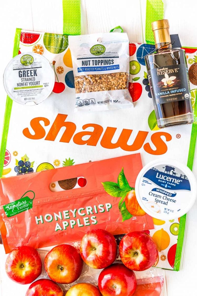 Overhead photo of a Shaw's reusable shopping bag and ingredients to make apple slices with cream cheese yogurt frosting.