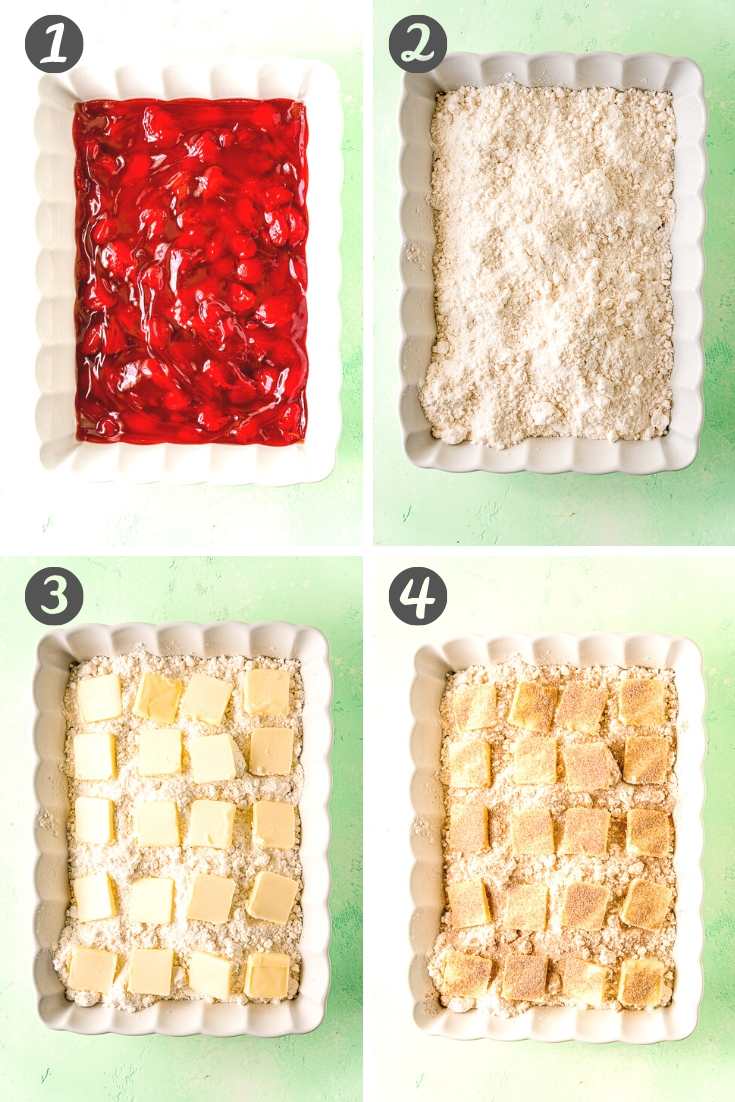 Step by step photo collage showing how to make strawberry dump cake.