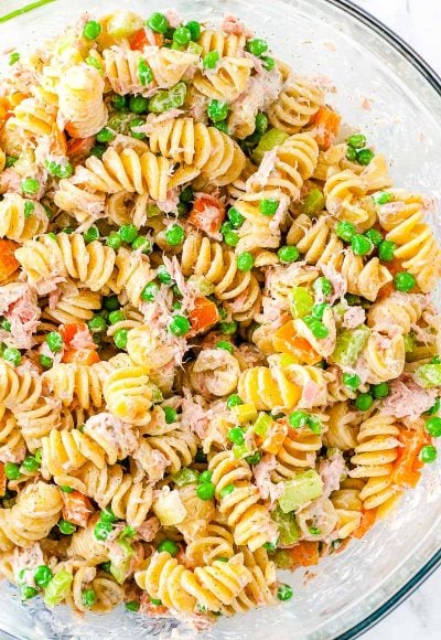 Overhead photo of tune noodle salad in a class bowl.