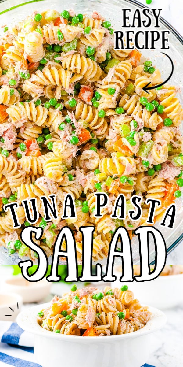 Tuna Pasta Salad is a tasty side dish for summer! Rotini, veggies, and tuna are tossed in a creamy homemade dressing made of mayo, sour cream, and spices! You can serve it chilled which means you can make in a couple of days in advance, so it’s perfect for summer potlucks! via @sugarandsoulco