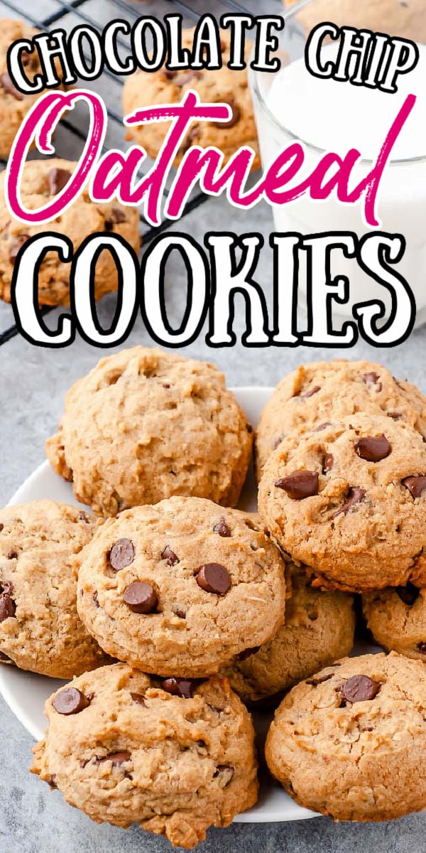 Oatmeal Chocolate Chip Cookies combine two classic treats in one! These soft and chewy oatmeal cookies are a delicious dessert recipe the whole family will love! And they contain an unexpected ingredient that cuts down on calories — but not flavor!  via @sugarandsoulco