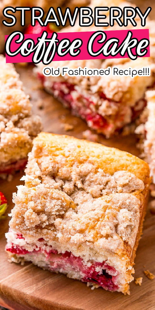 This Strawberry Coffee Cake is a tender breakfast cake loaded with fresh strawberries and topped with a buttery cinnamon sugar streusel topping  -- the perfect pairing with a cup of coffee! via @sugarandsoulco
