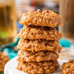 Stack of no bake cookies on a marble plate.