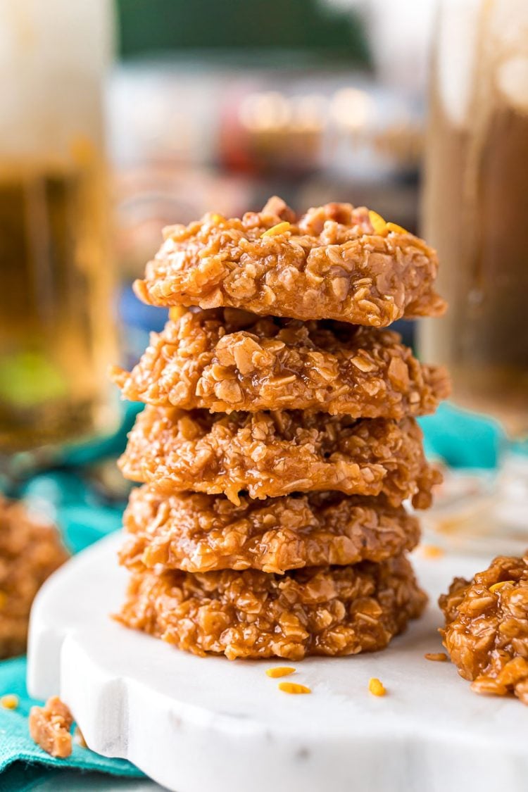 Stack of no bake cookies on a marble plate.