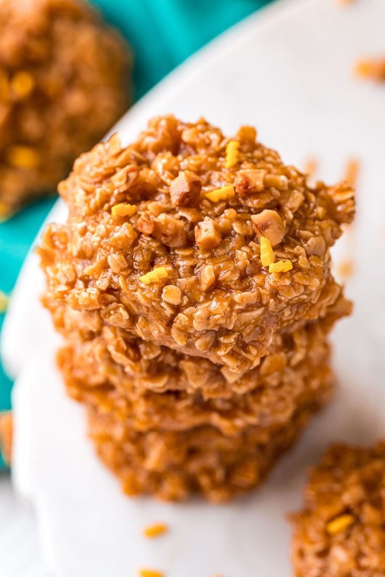 Overhead photo of a tall stack of butterbeer no bake cookies.