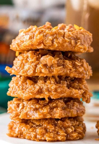 Stack of butterbeer no bake cookies.