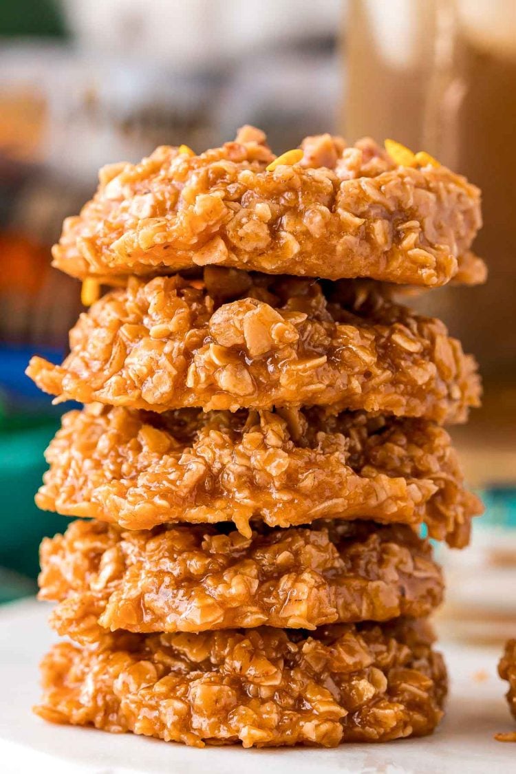 Stack of butterbeer no bake cookies.