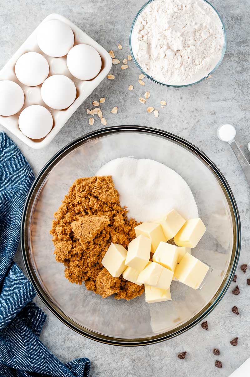 Butter and sugars in a large mixing bowl.