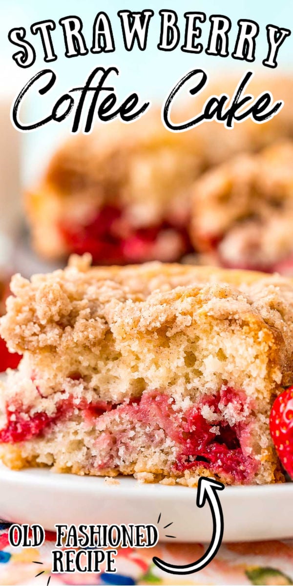 This Strawberry Coffee Cake is a tender breakfast cake loaded with fresh strawberries and topped with a buttery cinnamon sugar streusel topping  -- the perfect pairing with a cup of coffee! via @sugarandsoulco