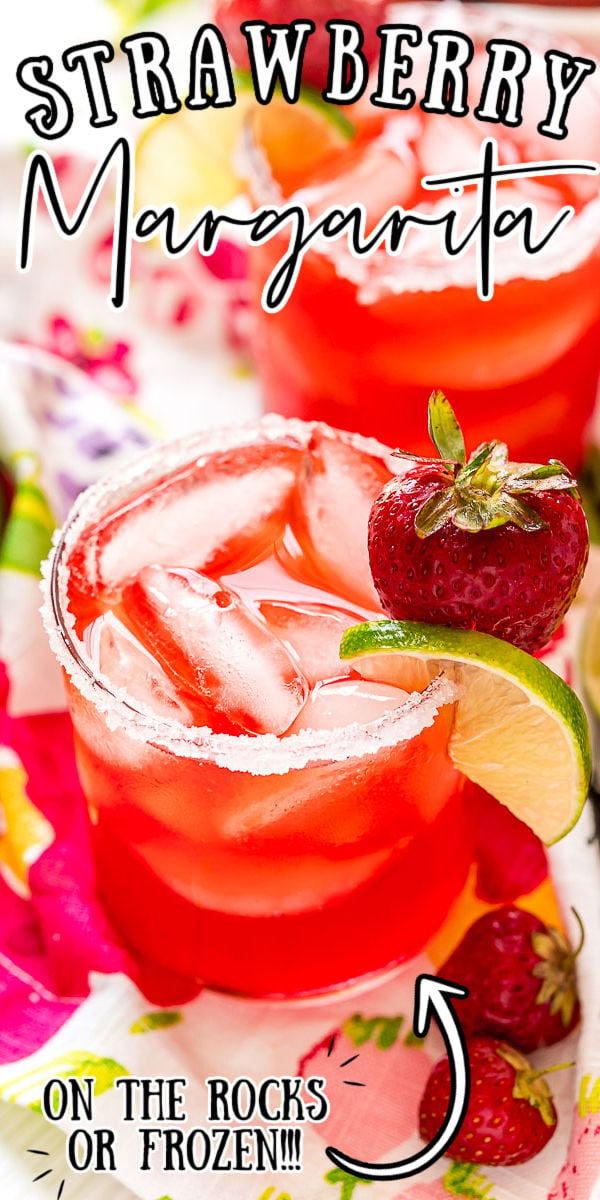 Strawberry Margaritas are fruity, fresh, and perfect for summer! Made with tequila, orange liqueur, fresh lime juice, and homemade strawberry simple syrup. This cocktail can be sipped on the rocks or frozen. via @sugarandsoulco