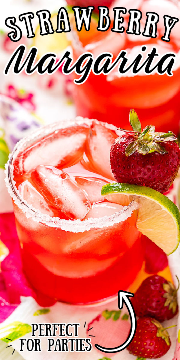 Strawberry Margaritas are fruity, fresh, and perfect for summer! Made with tequila, orange liqueur, fresh lime juice, and homemade strawberry simple syrup. This cocktail can be sipped on the rocks or frozen. via @sugarandsoulco