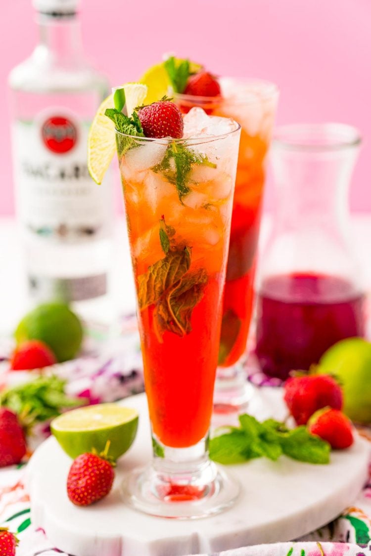 Strawberry mojitos in tall glasses.