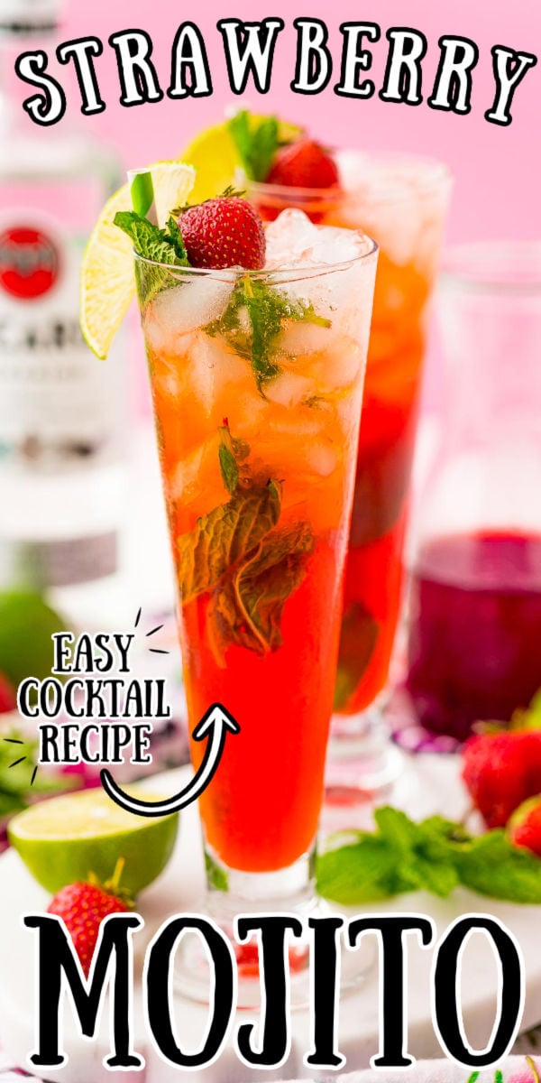 Strawberry Mojitos are bursting with flavor and perfect for hot summer days! Made with seltzer, strawberry simple syrup, mint, lime juice, and rum, this cocktail is a must-try if you love mojitos! via @sugarandsoulco