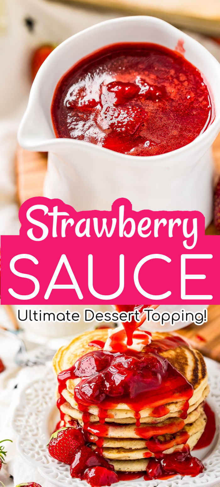 This Homemade Strawberry Sauce is perfect for cheesecake, pancakes, biscuits, and more! Made with a handful of ingredients including fresh strawberries, sugar, vanilla, and lemon juice. And it requires less than 15 minutes of prep and cooking! via @sugarandsoulco