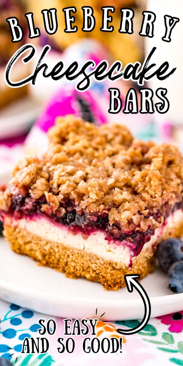 Blueberry Cheesecake Bars are fruity, creamy, decadent, and perfect for sharing! They're made of a graham cracker crust layered with cheesecake, blueberry filling, and topped with spiced oatmeal crumble. via @sugarandsoulco