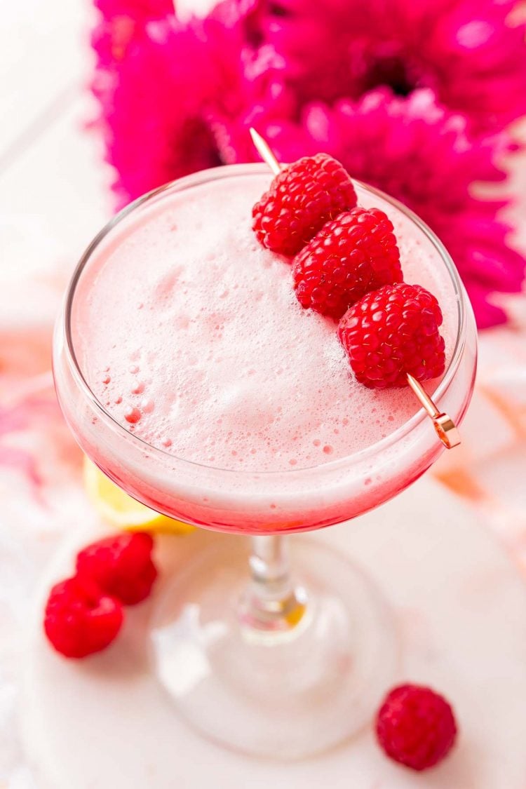 Pink clover club cocktail with pink flowers and raspberries scattered around.