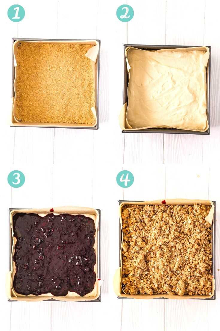 Step by step photo collage showing how to make blueberry cheesecake bars.