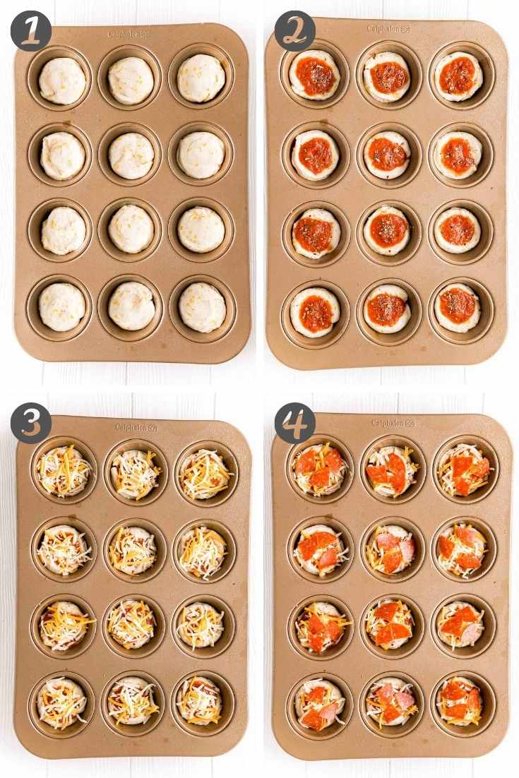 Step by step photo collage showing how to make mini pizzas in a muffin tin.