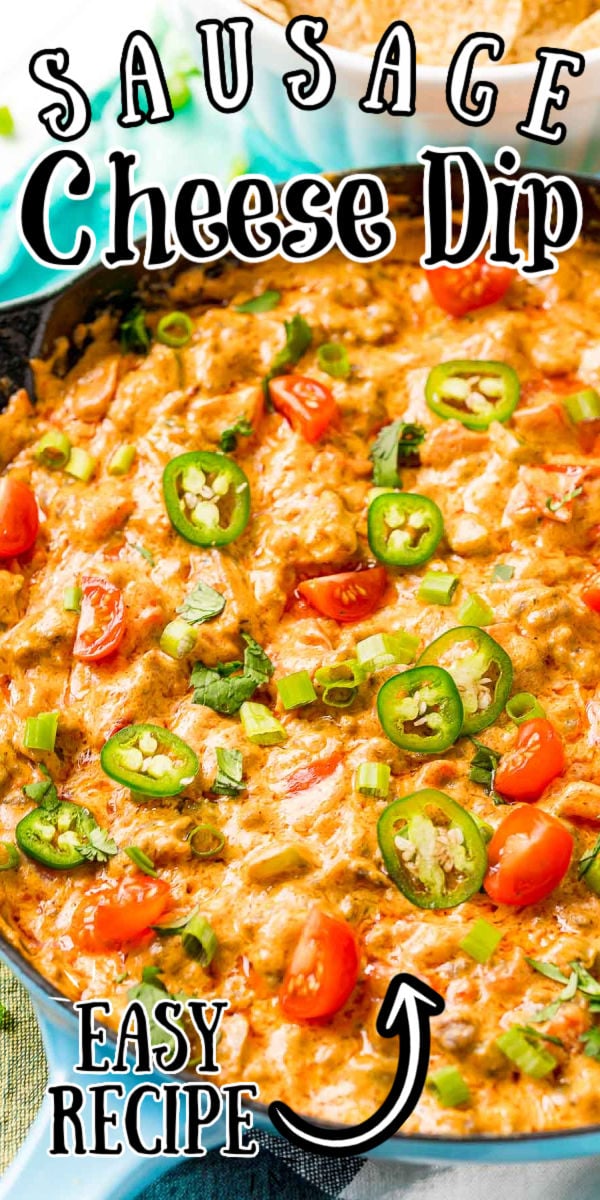 Cheesy Sausage Dip is your new easy go-to appetizer for game day! Made with crumbled sausage, diced tomatoes, cheddar cheese, cream cheese, mustard, green pepper, and spices, it’s addictively zesty and comforting for fall.  via @sugarandsoulco