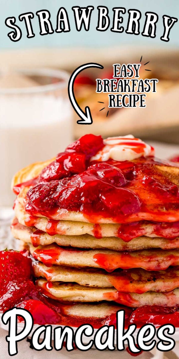 Strawberry Pancakes are an easy, sweet, and delicious breakfast recipe of fluffy buttermilk pancakes loaded with fresh strawberries and topped with Strawberry Sauce. If you love buttermilk pancakes, you'll want to give this fruity twist on them a try! Add whipped cream, butter, and maple syrup too! via @sugarandsoulco