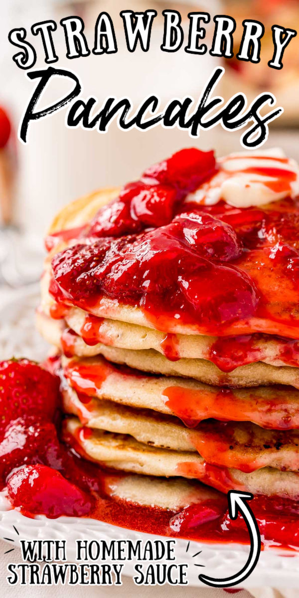 Strawberry Pancakes are an easy, sweet, and delicious breakfast recipe of fluffy buttermilk pancakes loaded with fresh strawberries and topped with Strawberry Sauce. If you love buttermilk pancakes, you'll want to give this fruity twist on them a try! Add whipped cream, butter, and maple syrup too! via @sugarandsoulco