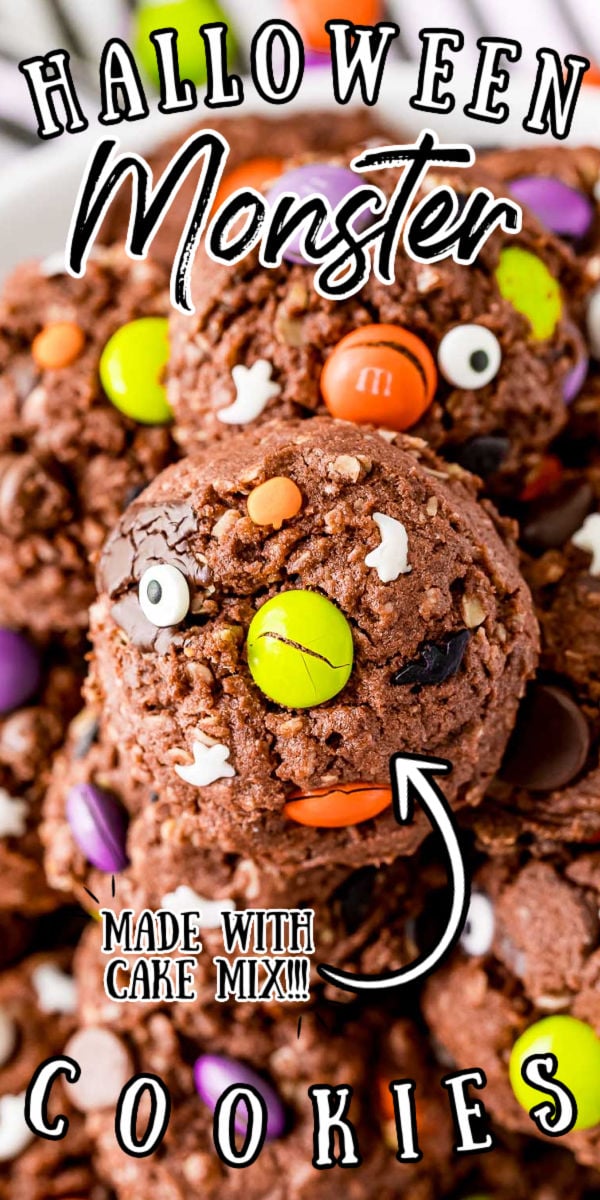 Halloween Monster Cookies are scary delicious! These treats are made with chocolate cake mix, quick oats, and peanut butter, then loaded with M&Ms and chocolate chips. Decorated with Halloween sprinkles and candy eyeballs, this is a festive recipe to make with the kiddos! via @sugarandsoulco