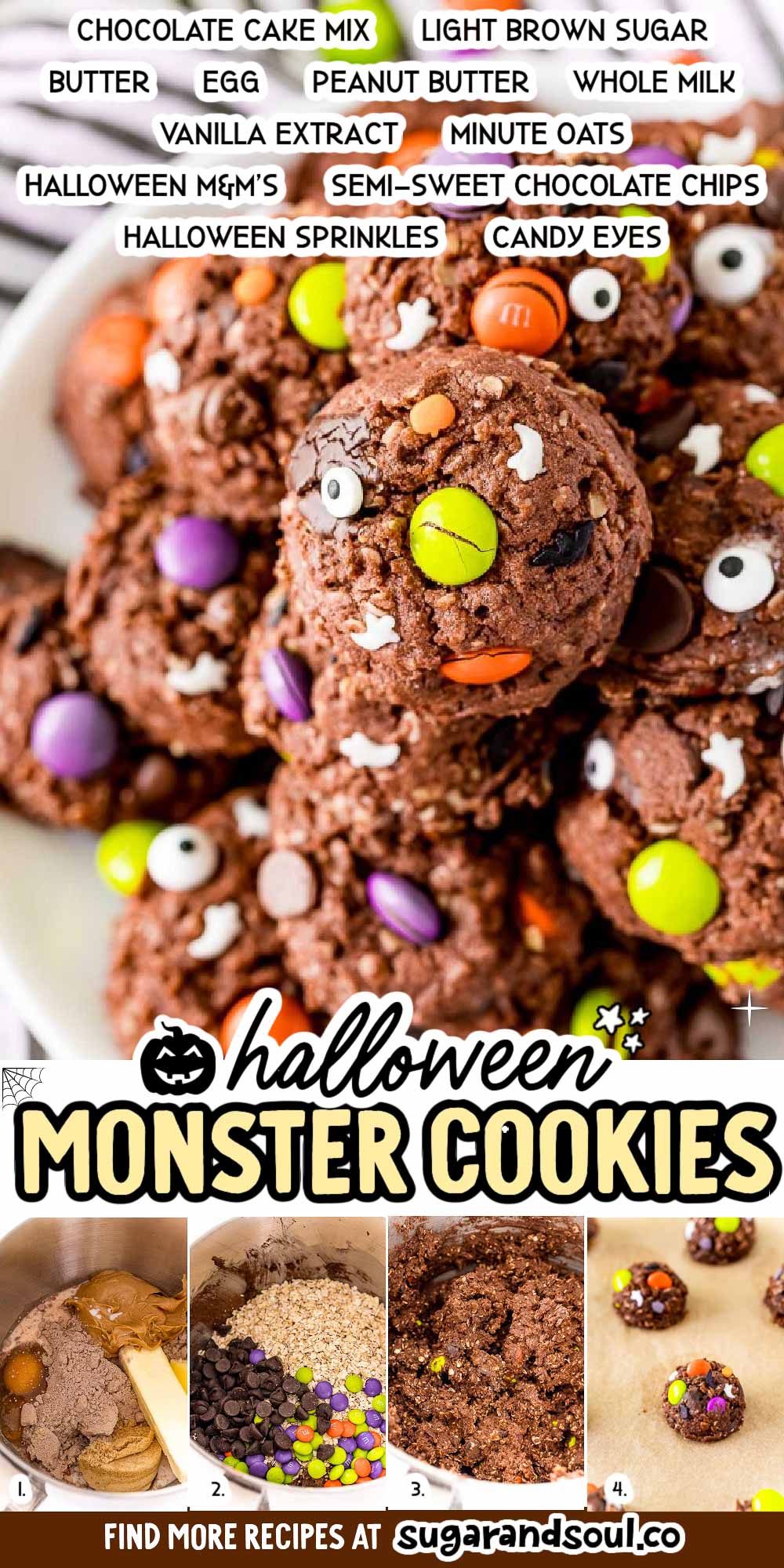 Halloween Monster Cookies are scary delicious! These treats are made with chocolate cake mix, quick oats, and peanut butter, then loaded with M&Ms and chocolate chips.  via @sugarandsoulco