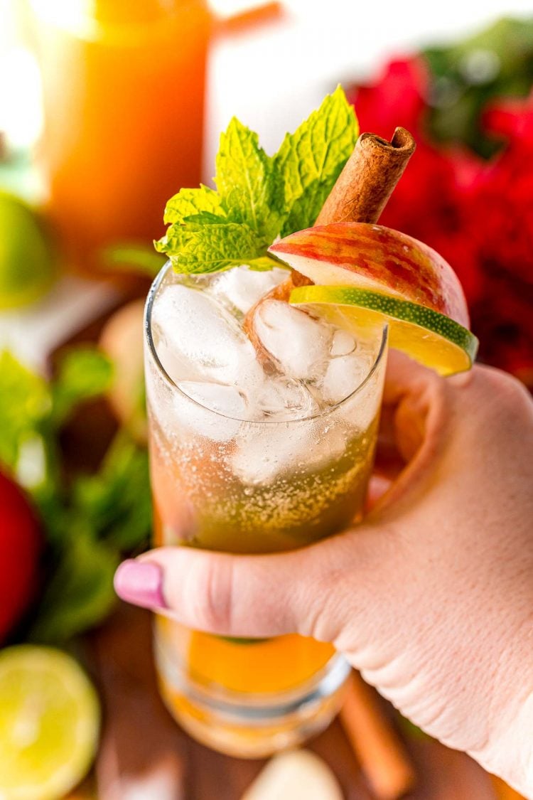 Woman's hand holding an apple mojito up to the camera.