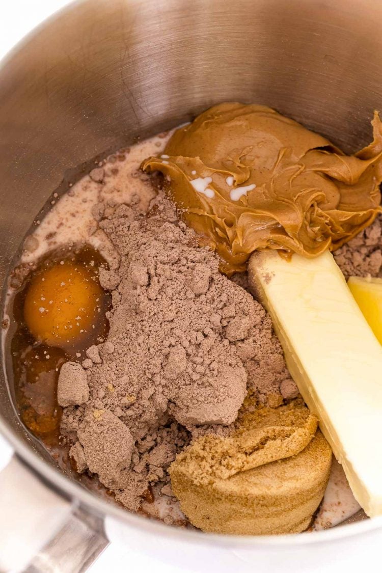 Close up photo of cake mix, butter, egg, and peanut butter in a mixing bowl.