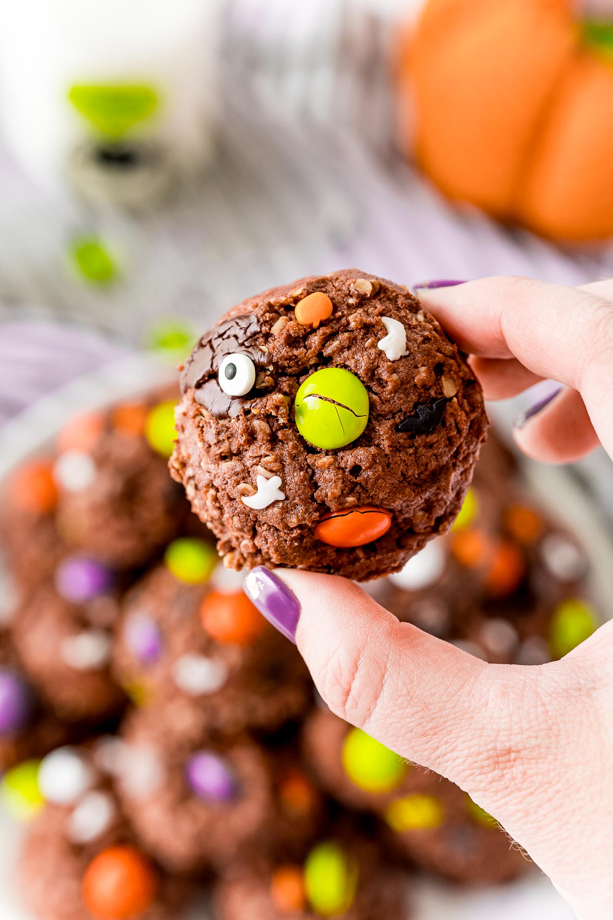 Woman's hand holding a chocolate monster cookie close to the camera.