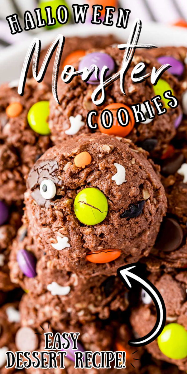 Halloween Monster Cookies are scary delicious! These treats are made with chocolate cake mix, quick oats, and peanut butter, then loaded with M&Ms and chocolate chips. Decorated with Halloween sprinkles and candy eyeballs, this is a festive recipe to make with the kiddos! via @sugarandsoulco