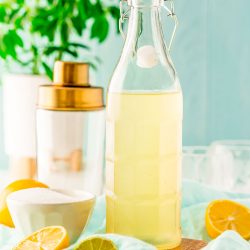 Bottle of homemade sour mix with lemons and limes around it and a cocktail shaker in the background.