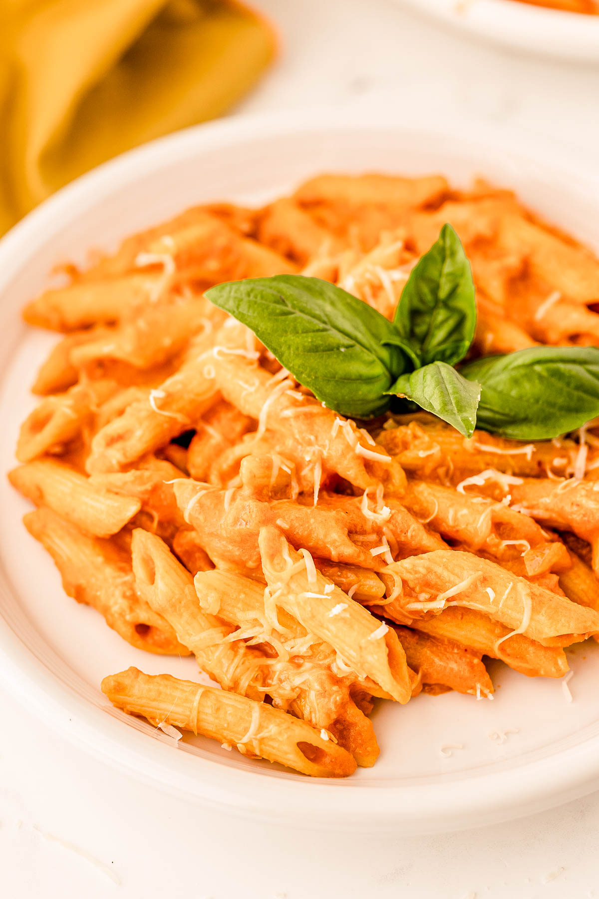 A white plate filled with penne with vodka sauce garnished with a basil leaf.