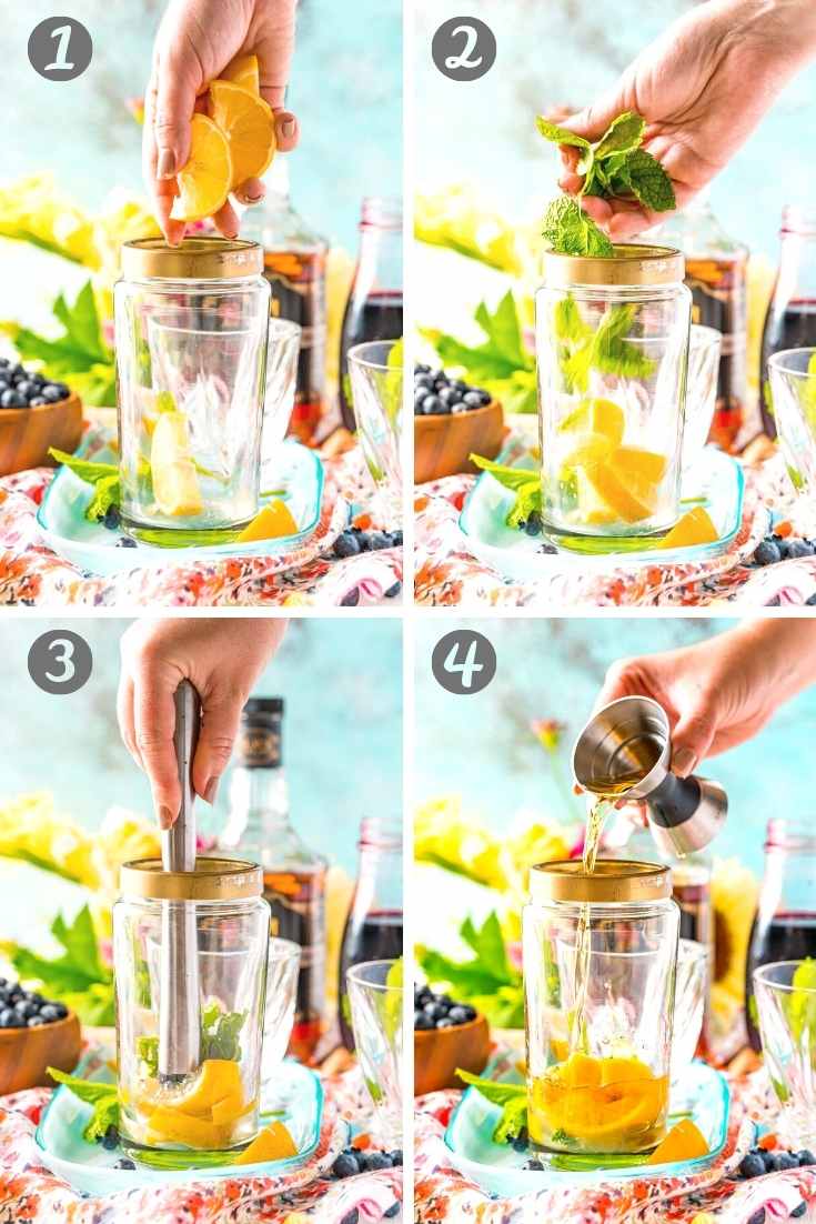 Photo collage showing how to make a blueberry whiskey smash.