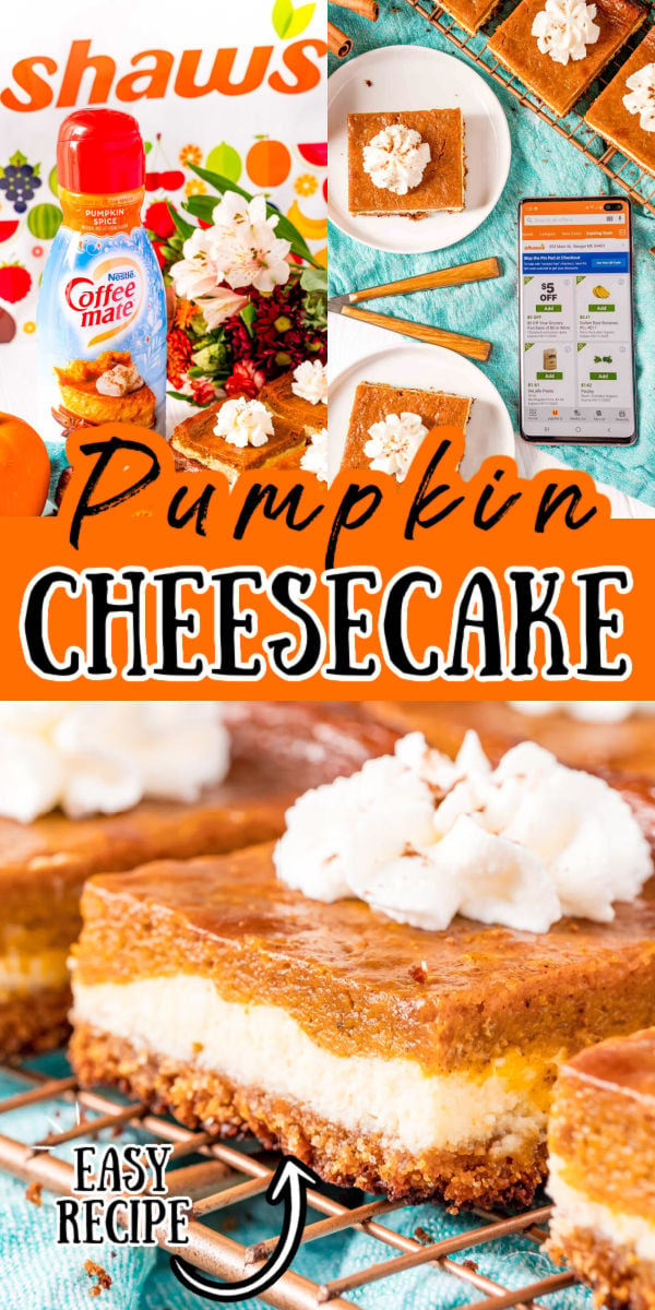 Pumpkin Cheesecake Bars are made with a buttery graham cracker crust is topped with a layer of creamy cheesecake and then a silky pumpkin spice layer for an irresistible and shareable dessert. This easy pumpkin spice dessert is perfect for fall! via @sugarandsoulco