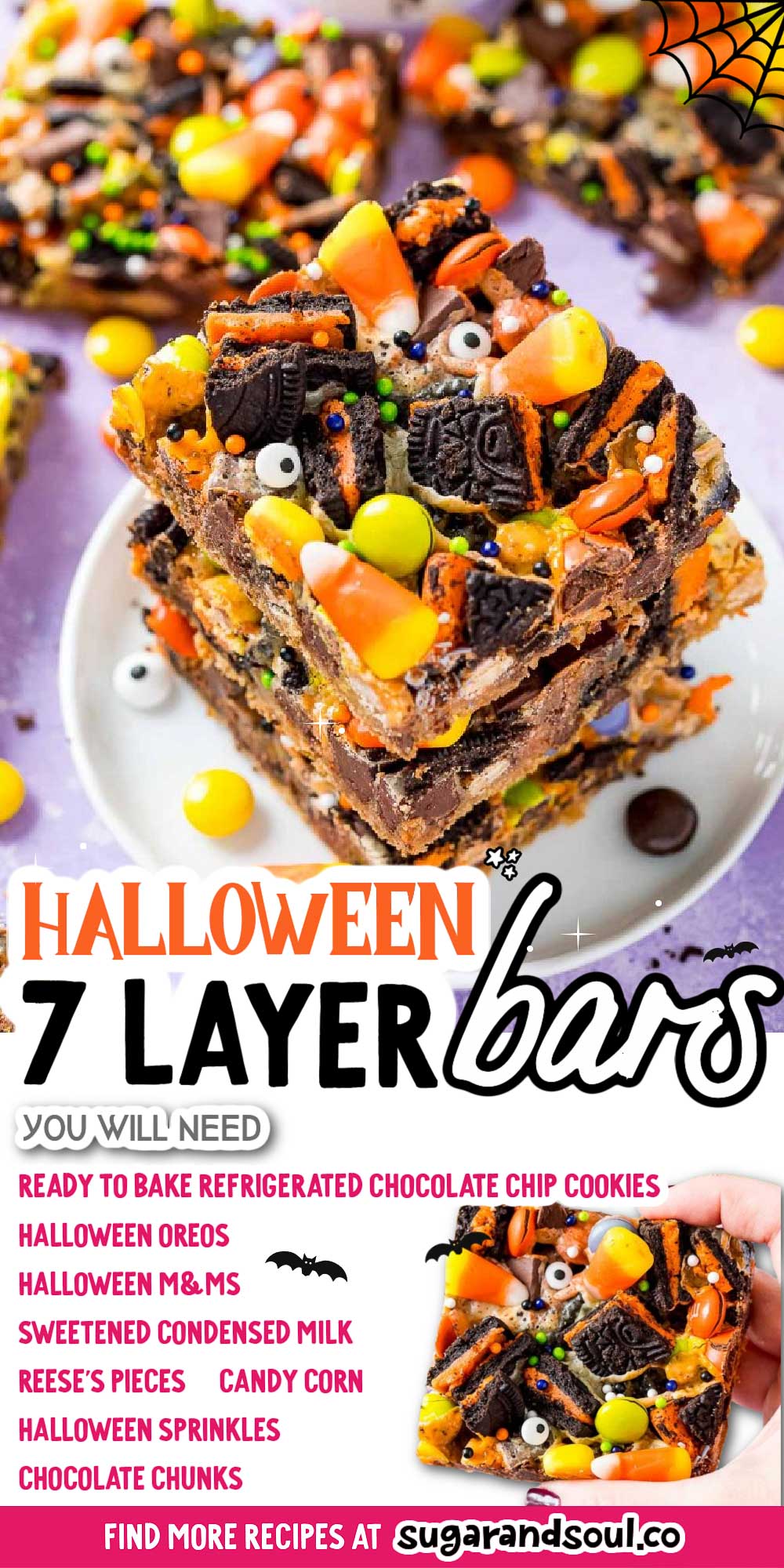 Halloween Seven Layer Bars are piled high with treats! A base of refrigerated chocolate chip cookie dough is topped with layers of Oreos, chocolate chunks, Reeses Pieces, M&Ms, and gooey sweetened condensed milk. The finishing touch is a handful of candy corn and some Halloween sprinkles! via @sugarandsoulco