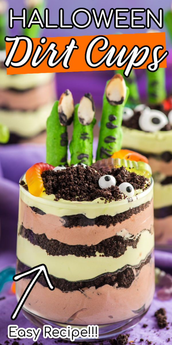 Halloween Dirt Cups look like overturned earth but taste heavenly! Creamy chocolate and vanilla layers are sprinkled with handfuls of crushed Oreo “dirt.” The finishing touches are chocolate pretzel “monster fingers,” gummy worms, and candy eyeballs! via @sugarandsoulco