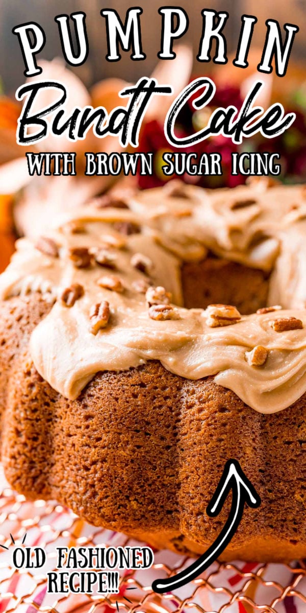 This Pumpkin Bundt Cake Recipe is for anyone who loves pumpkin spice! Pumpkin pound cake is laced with warm fall spices and topped with a decadent brown sugar icing. Baked in a Bundt pan, it looks ornate but is easy to make! via @sugarandsoulco