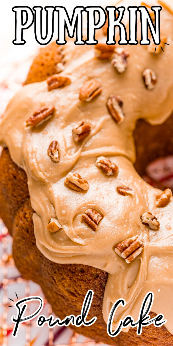 This Pumpkin Bundt Cake Recipe is for anyone who loves pumpkin spice! Pumpkin pound cake is laced with warm fall spices and topped with a decadent brown sugar icing. Baked in a Bundt pan, it looks ornate but is easy to make! via @sugarandsoulco