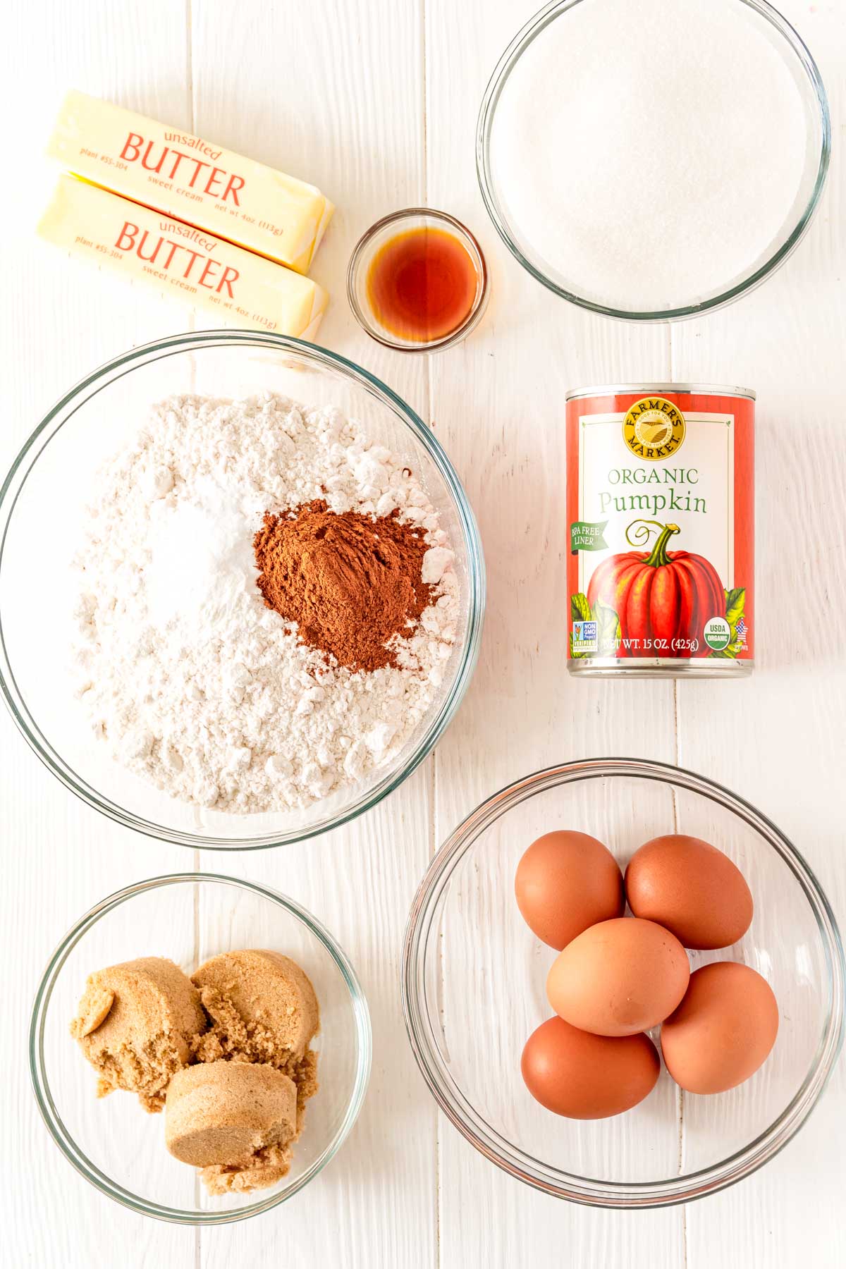 Overhead photo of prepper ingredients to make pumpkin pound cake.